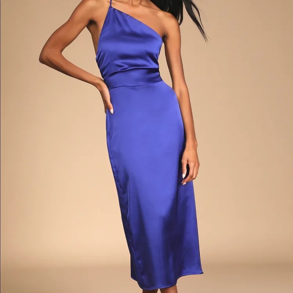 Lulus Blue Satin One-Shoulder Midi Dress